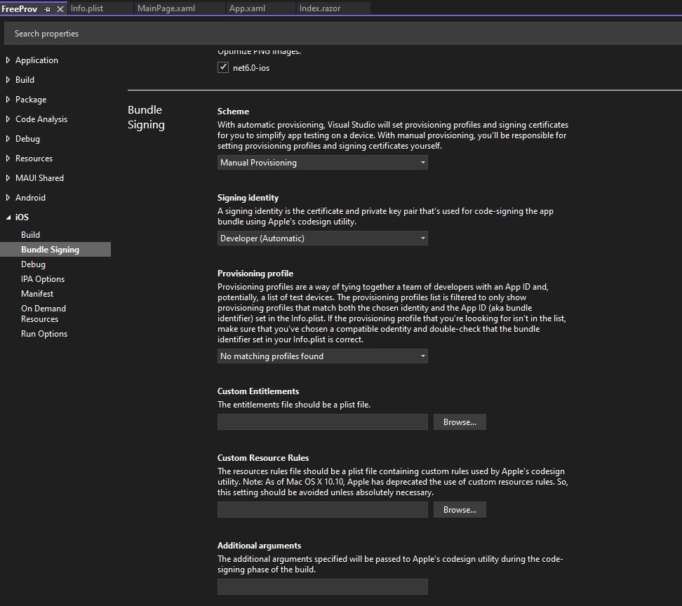 Visual Studio Project Settings (Bundle Signing iOS)