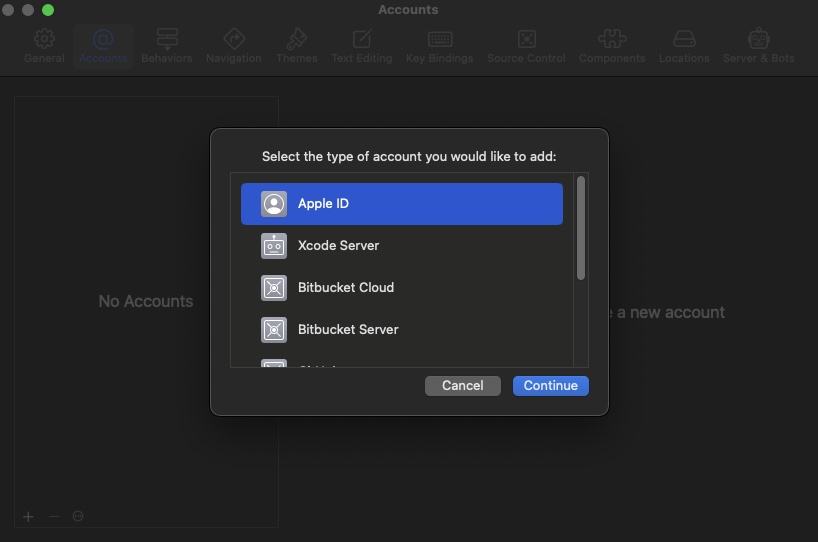 Xcode Add Account Dialog